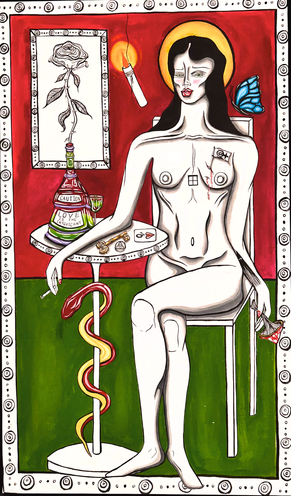 Painting of a haloed nude woman seated beside a table with a bottle and candle, a snake on the stand.