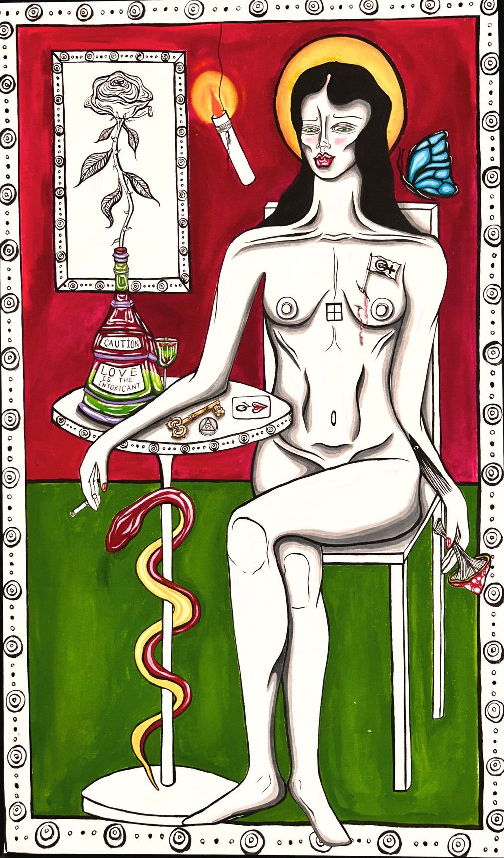 Painting of a haloed nude woman seated beside a table with a bottle and candle, a snake on the stand.