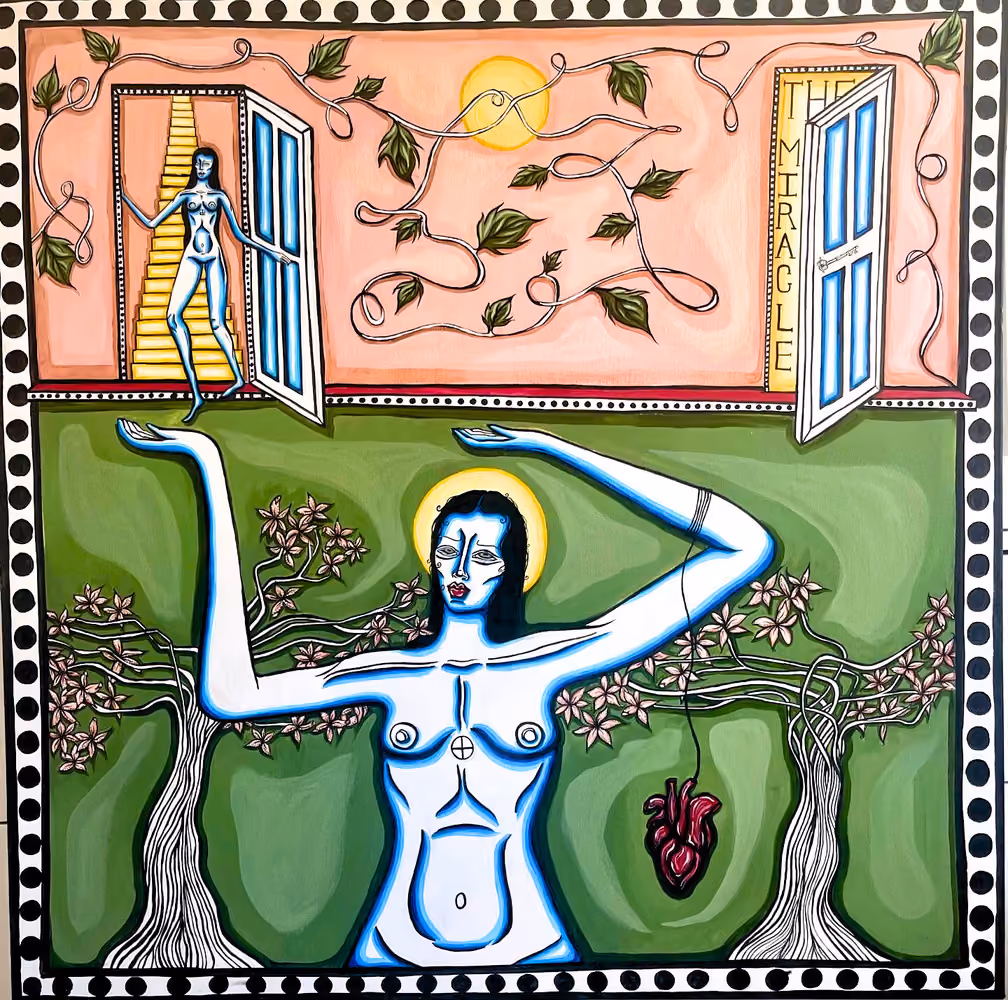 Painting of a haloed blue woman between flowering trees, with a figure on a golden stair above.