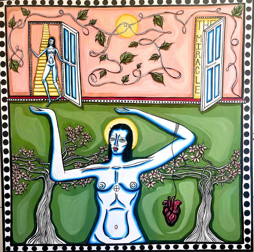 Painting of a haloed blue woman between flowering trees, with a figure on a golden stair above.