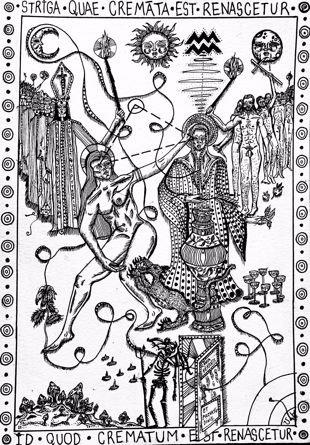 Ink drawing of robed and naked figures around a burning vessel, framed by Latin inscriptions.