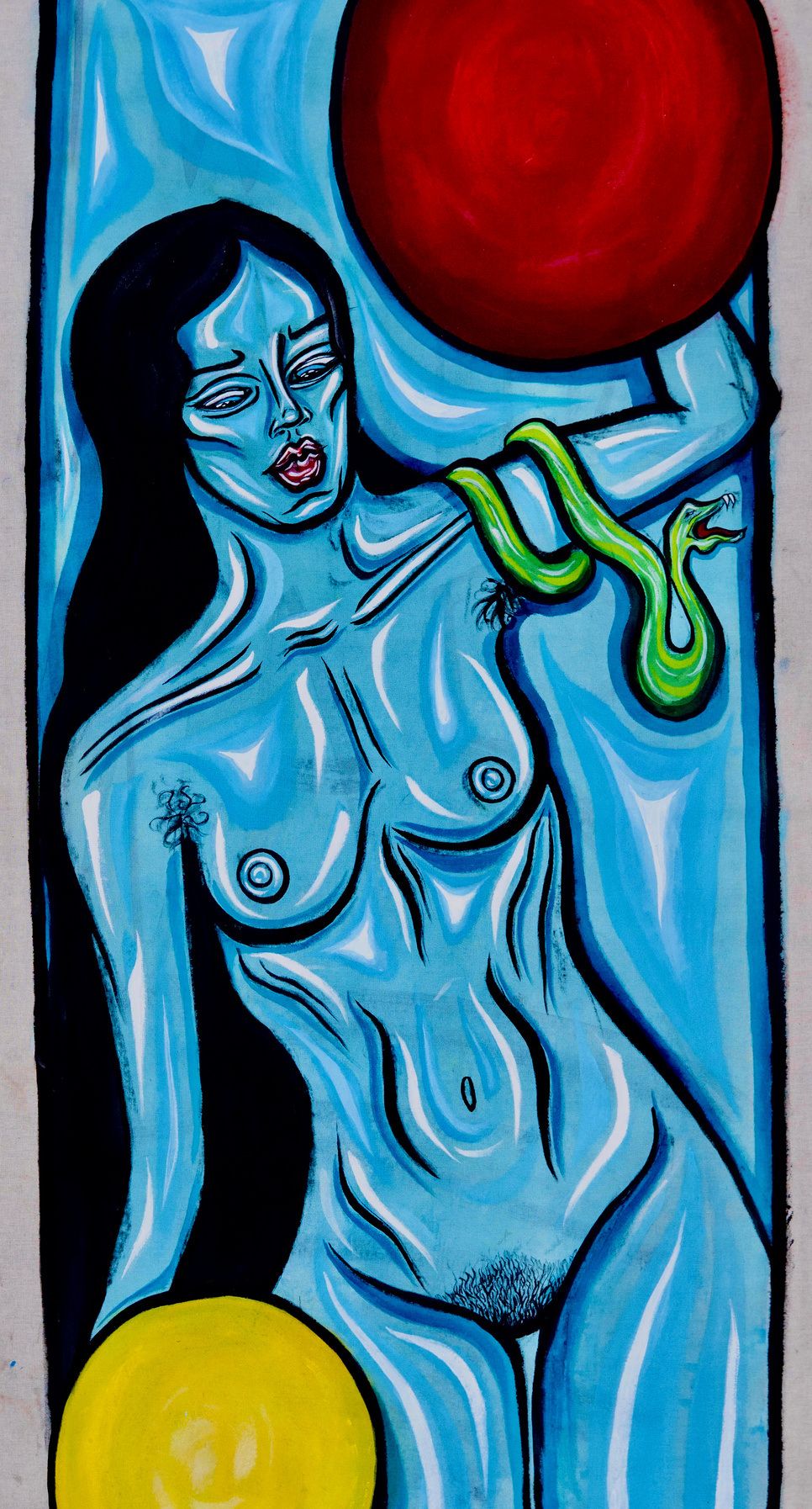 Painting of a blue nude woman with a green snake on her shoulder, between red and yellow spheres.