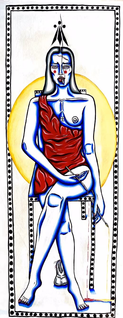 Tall painting of a seated figure outlined in blue, draped in red, with a yellow halo.
