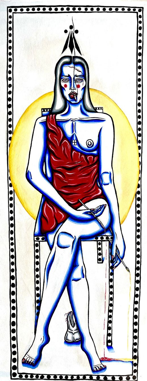 Tall painting of a seated figure outlined in blue, draped in red, with a yellow halo.