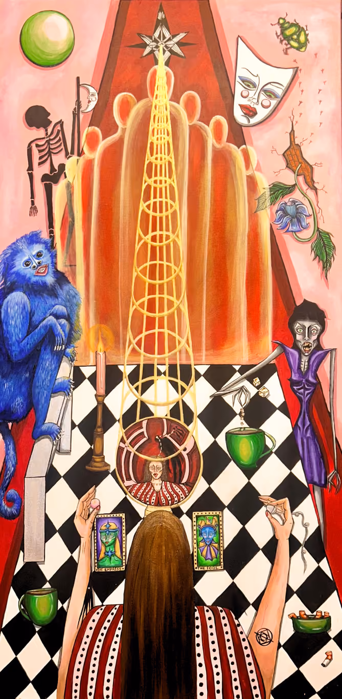 Painting of a woman seen from behind holding tarot cards before a golden tower on a chequered floor.