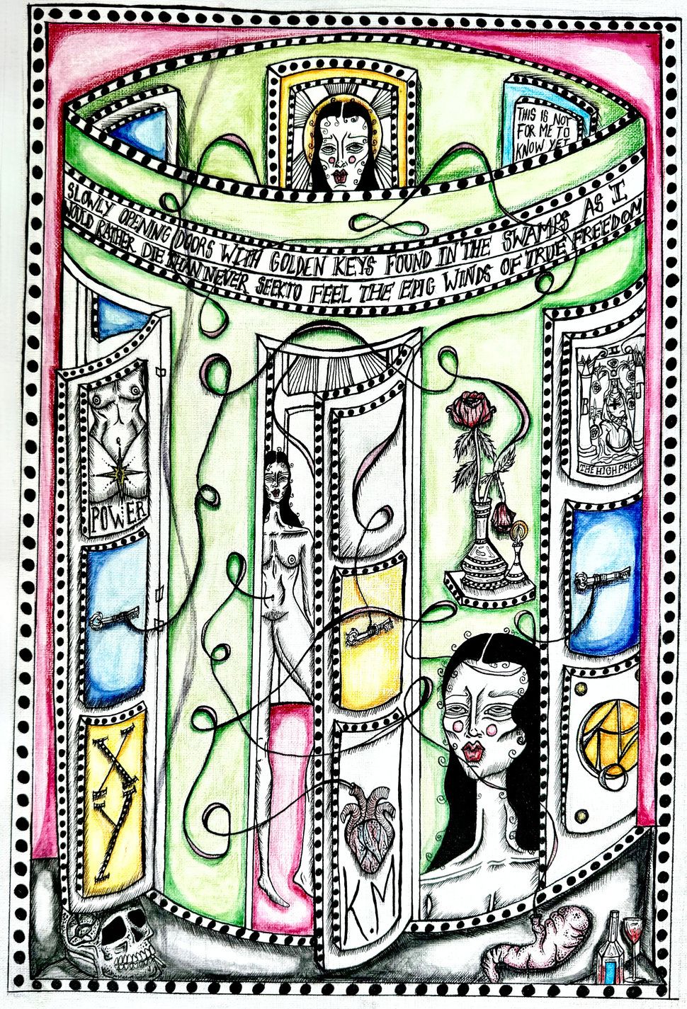 Ink and watercolour drawing of a circular room of doors and coloured panels, with two women, a rose and a skull.
