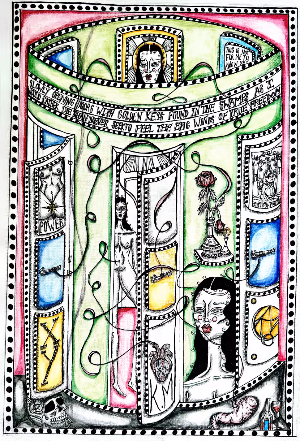Ink and watercolour drawing of a circular room of doors and coloured panels, with two women, a rose and a skull.