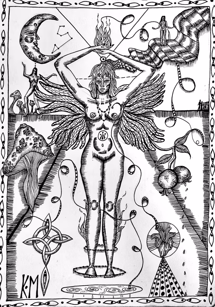 Ink drawing of a winged nude woman standing in water, with a moon, mushrooms and a Celtic knot.