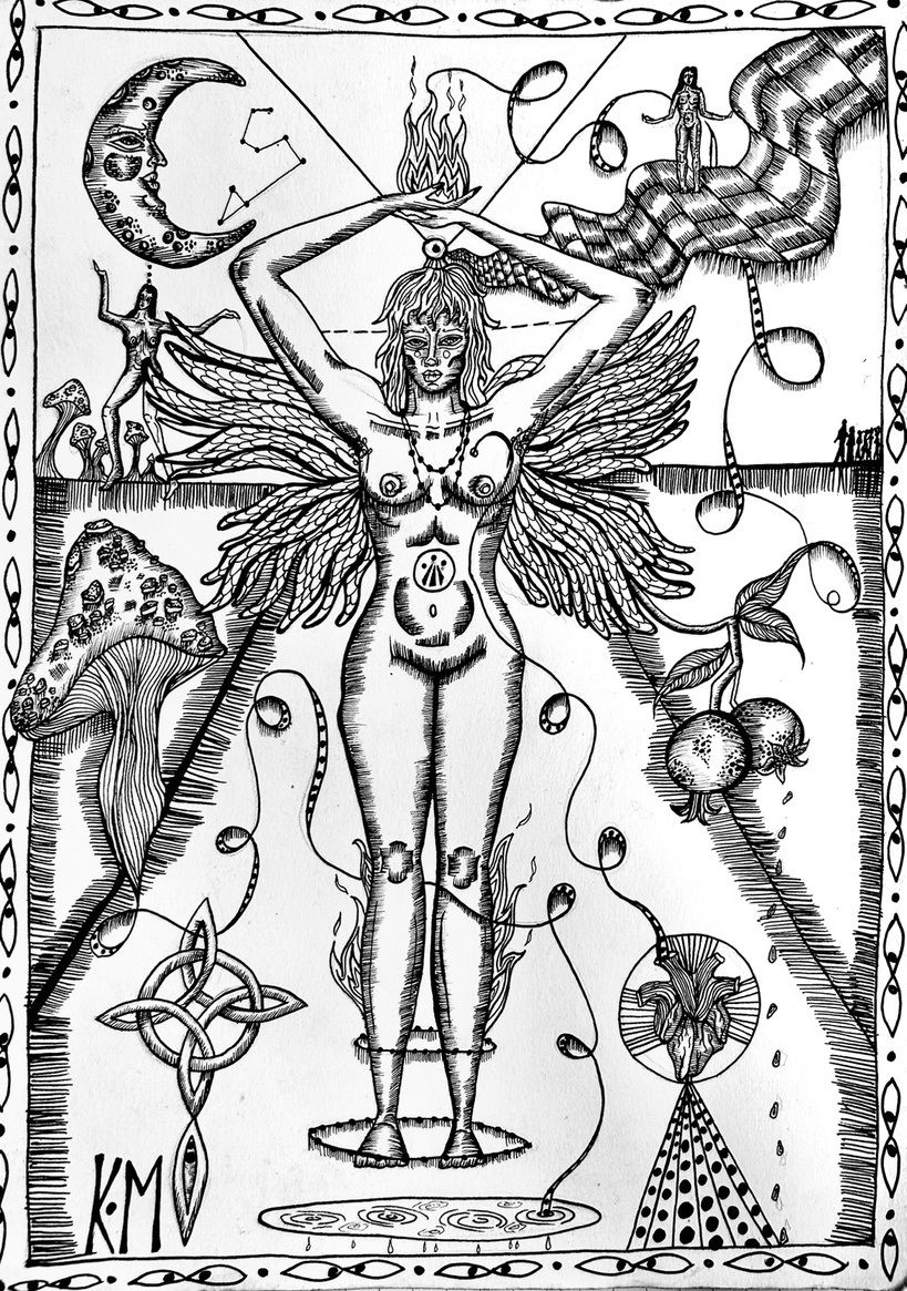 Ink drawing of a winged nude woman standing in water, with a moon, mushrooms and a Celtic knot.