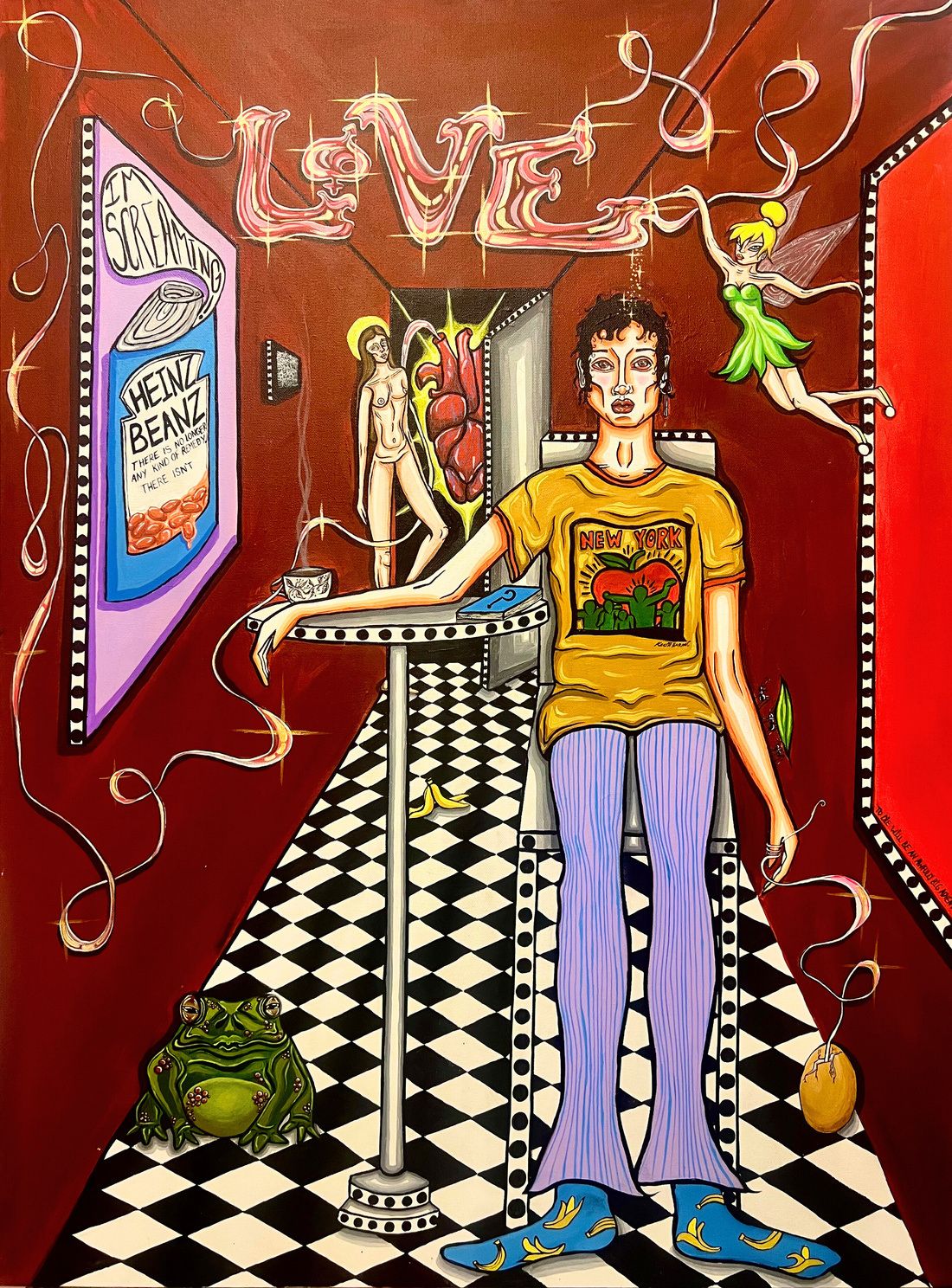 Painting of a young man in a yellow T-shirt in a red corridor, the word 'Love' in neon above.