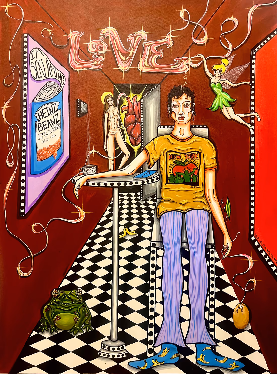 Painting of a young man in a yellow T-shirt in a red corridor, the word 'Love' in neon above.