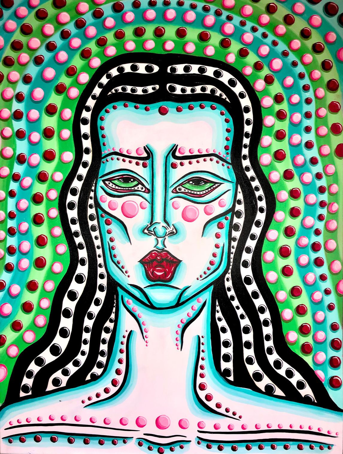 Painting of a frontal female portrait in turquoise and pink, built from rows of dots.