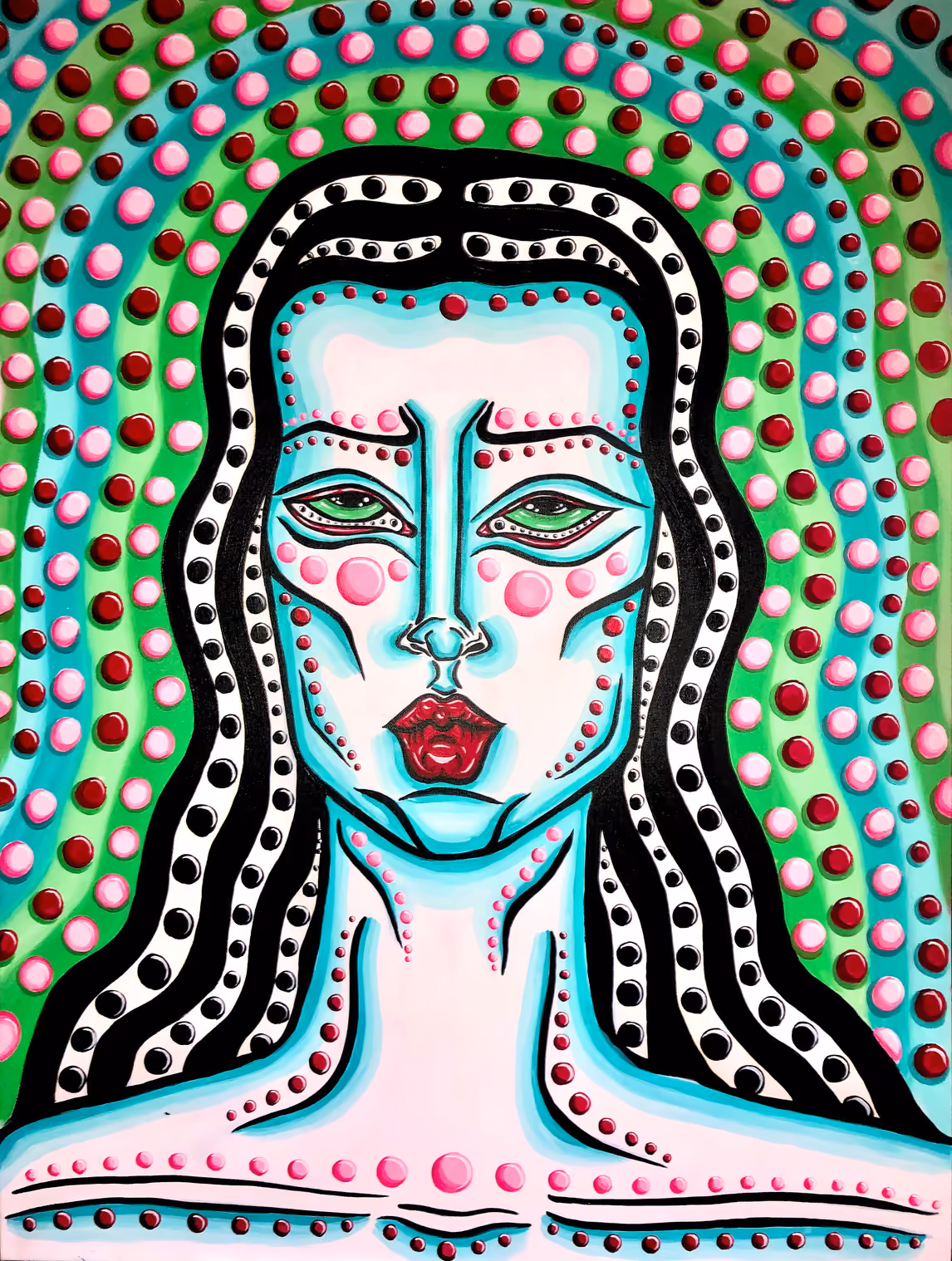 Painting of a frontal female portrait in turquoise and pink, built from rows of dots.
