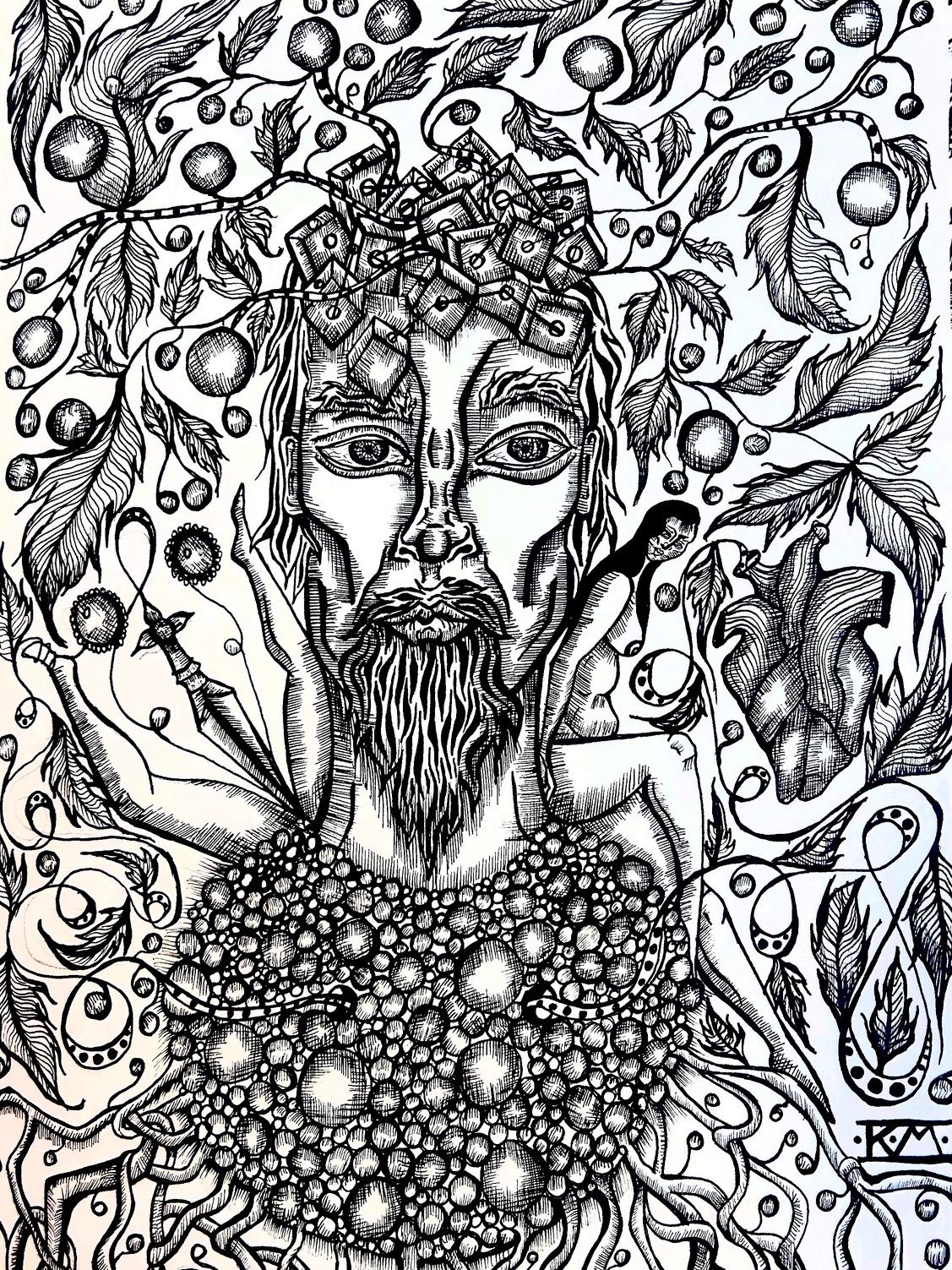 Ink drawing of a bearded man's face emerging from a mass of spheres among leaves and berries.