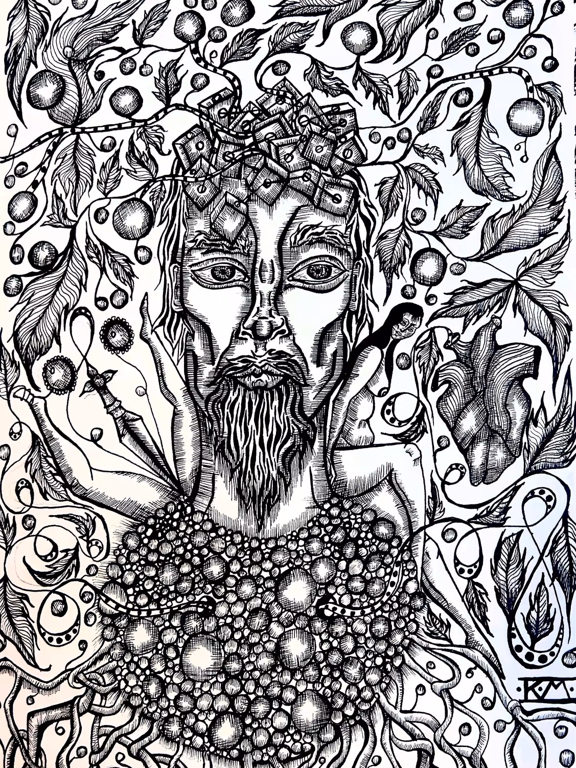 Ink drawing of a bearded man's face emerging from a mass of spheres among leaves and berries.