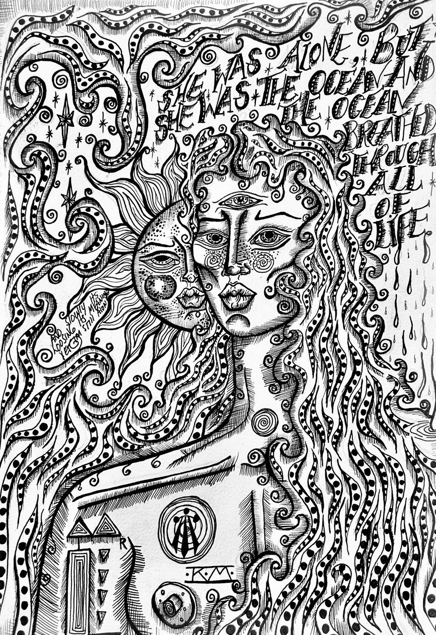 Ink drawing of two women's faces, one a sun, among swirling hair and handwritten text.