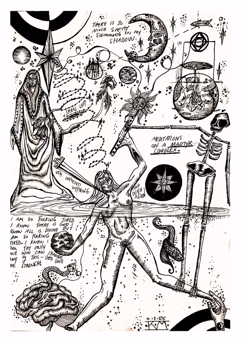 Ink drawing of a falling woman among planets, a skeleton and a robed figure, with handwritten notes.