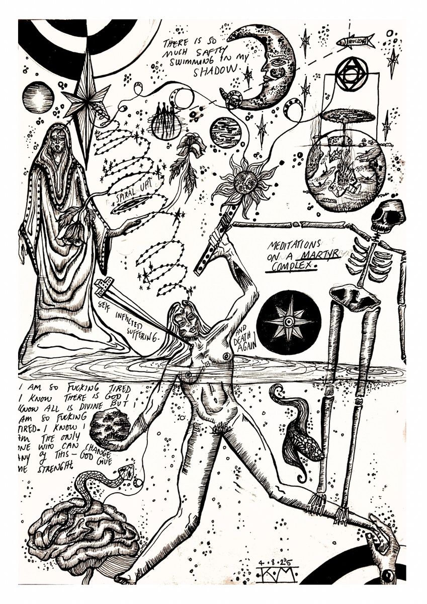 Ink drawing of a falling woman among planets, a skeleton and a robed figure, with handwritten notes.