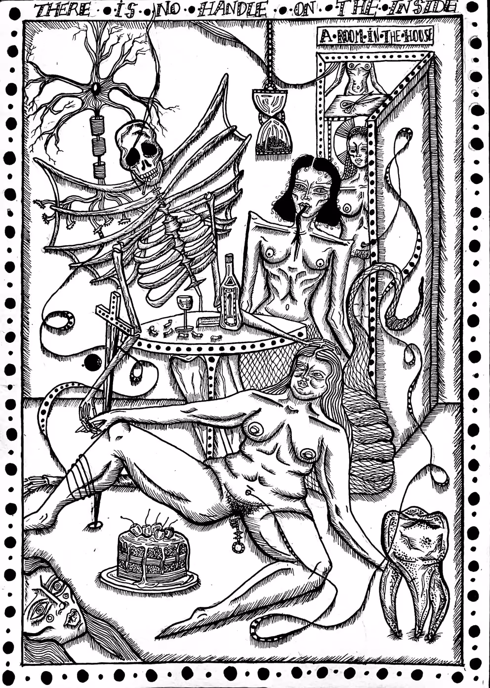 Ink drawing of a room with a winged skeleton, a reclining nude woman, a cake and a large tooth.