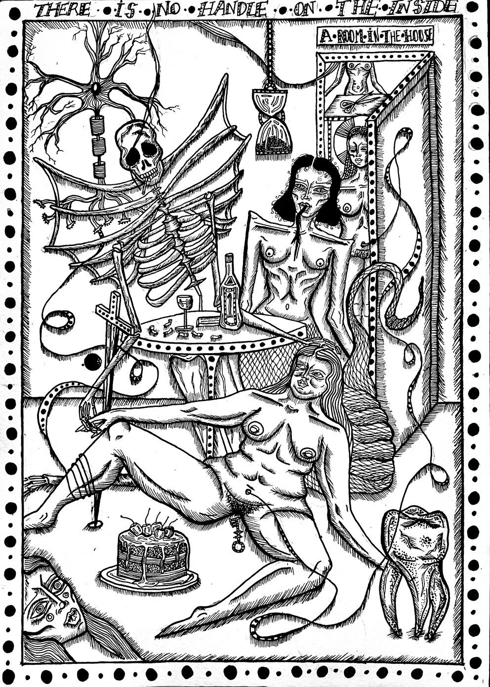 Ink drawing of a room with a winged skeleton, a reclining nude woman, a cake and a large tooth.