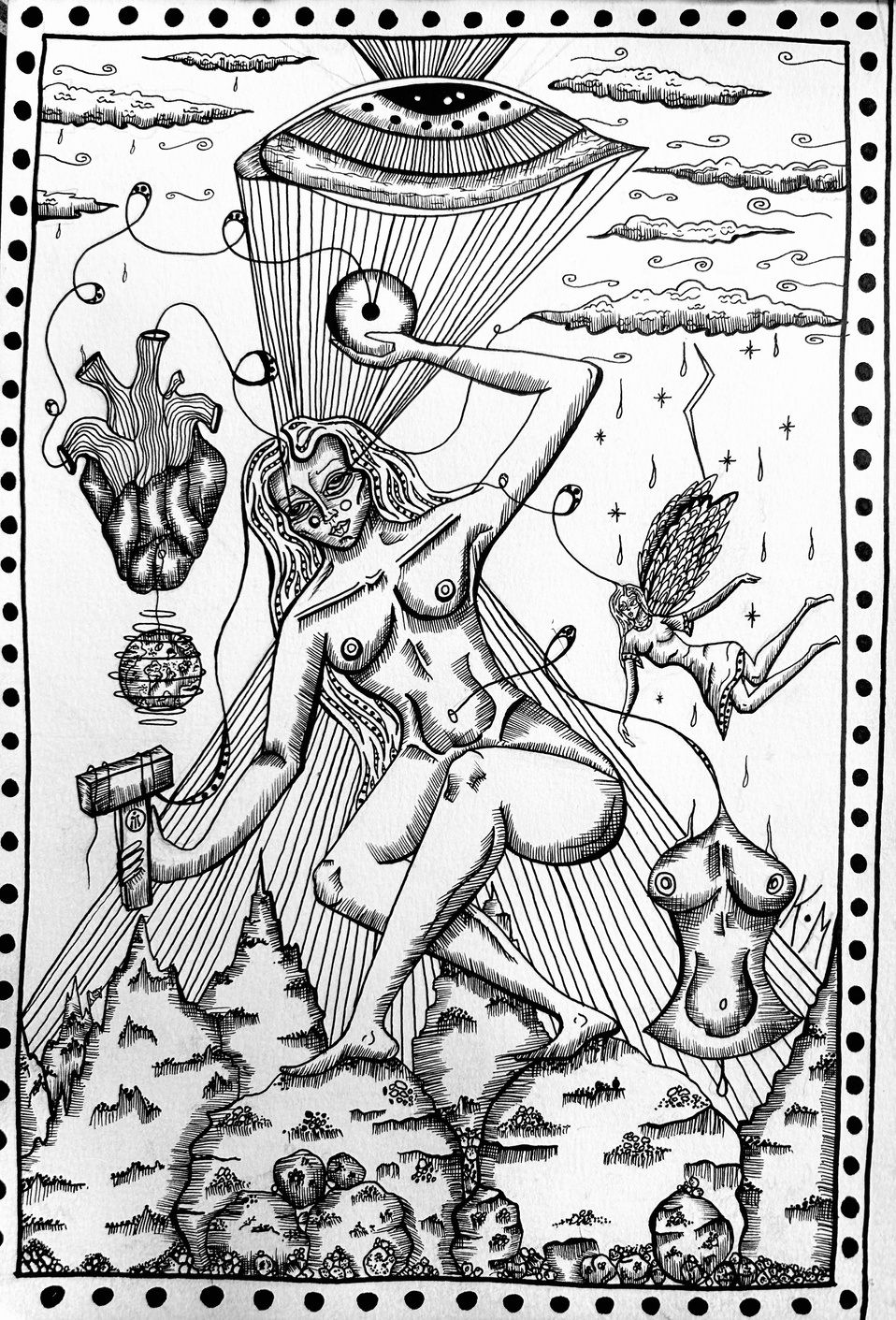 Ink drawing of a nude woman in a beam of light from an eye-shaped craft over mountains.