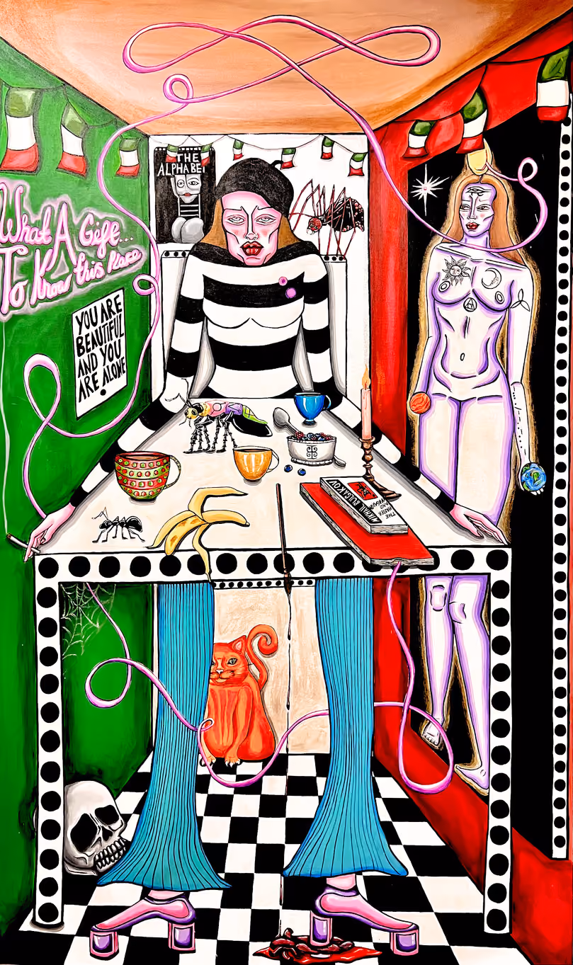Painting of a woman in a striped top at a cluttered table, a pale nude figure in the doorway.