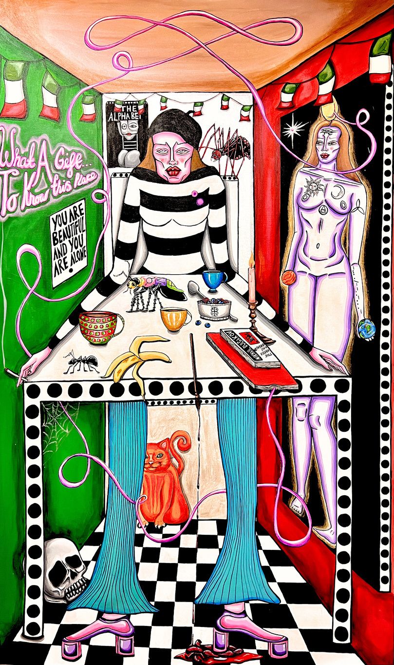 Painting of a woman in a striped top at a cluttered table, a pale nude figure in the doorway.