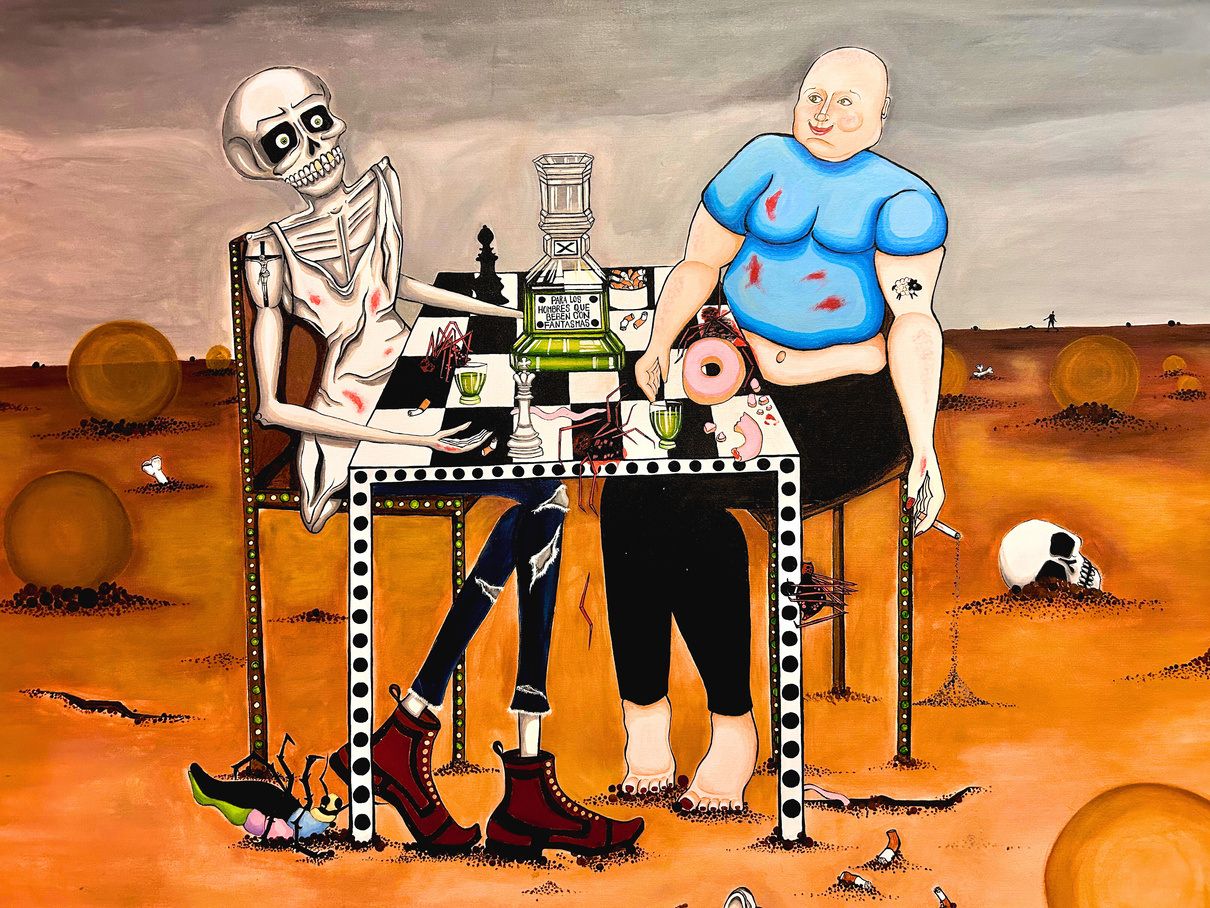 Painting of a skeleton and a man playing chess at a table in an orange desert.