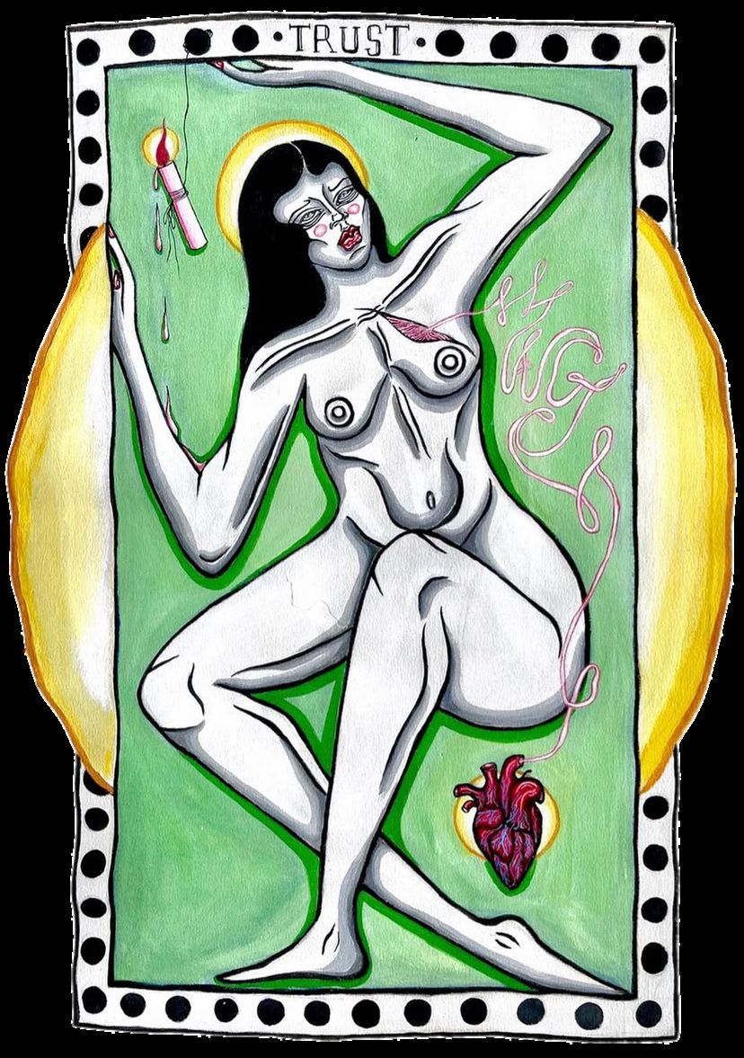 Painting of a haloed nude woman holding a candle in a green panel with a dotted border.