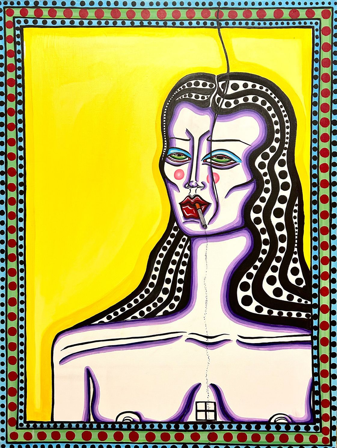 Painting of a smoking woman with dotted black hair on a yellow background.