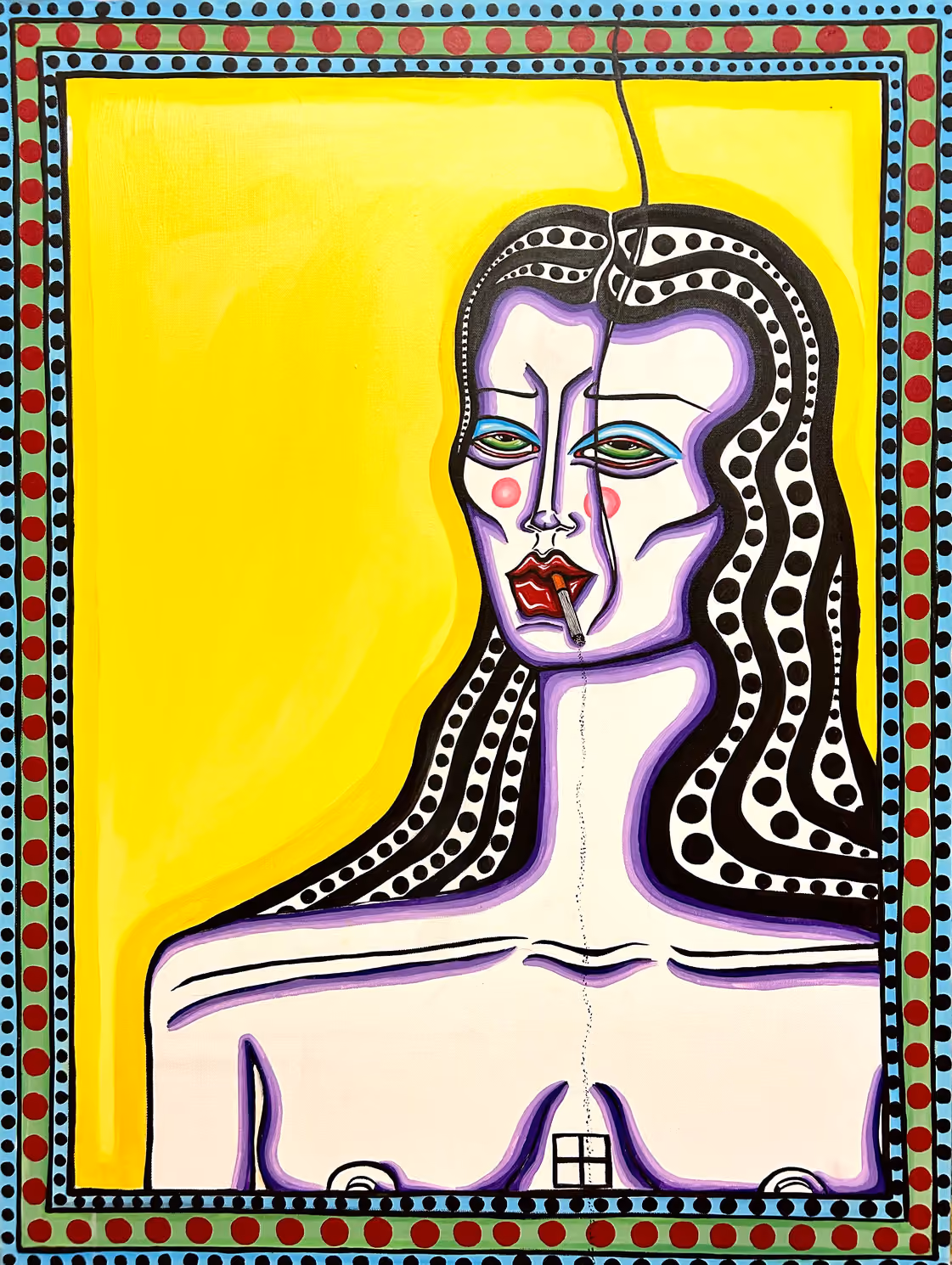 Painting of a smoking woman with dotted black hair on a yellow background.