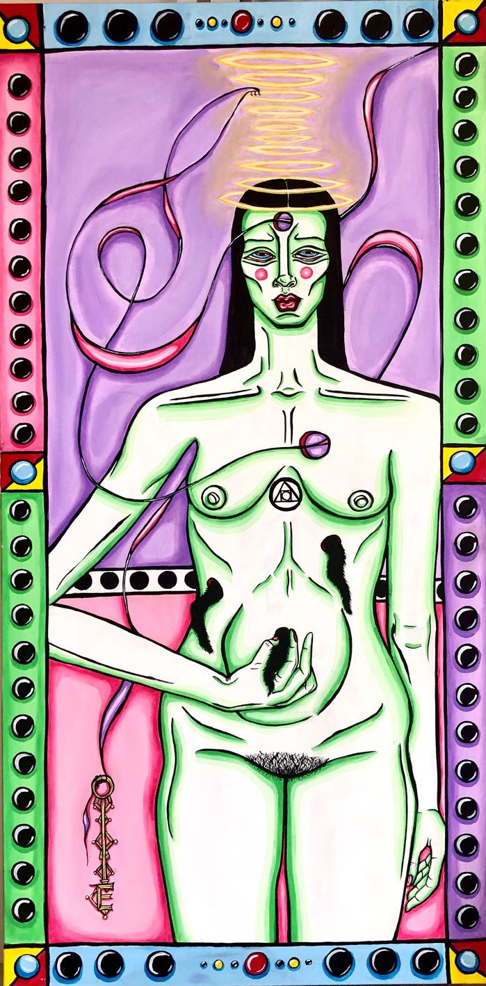 Painting of a green-skinned nude woman with a golden spiral halo inside a studded border.