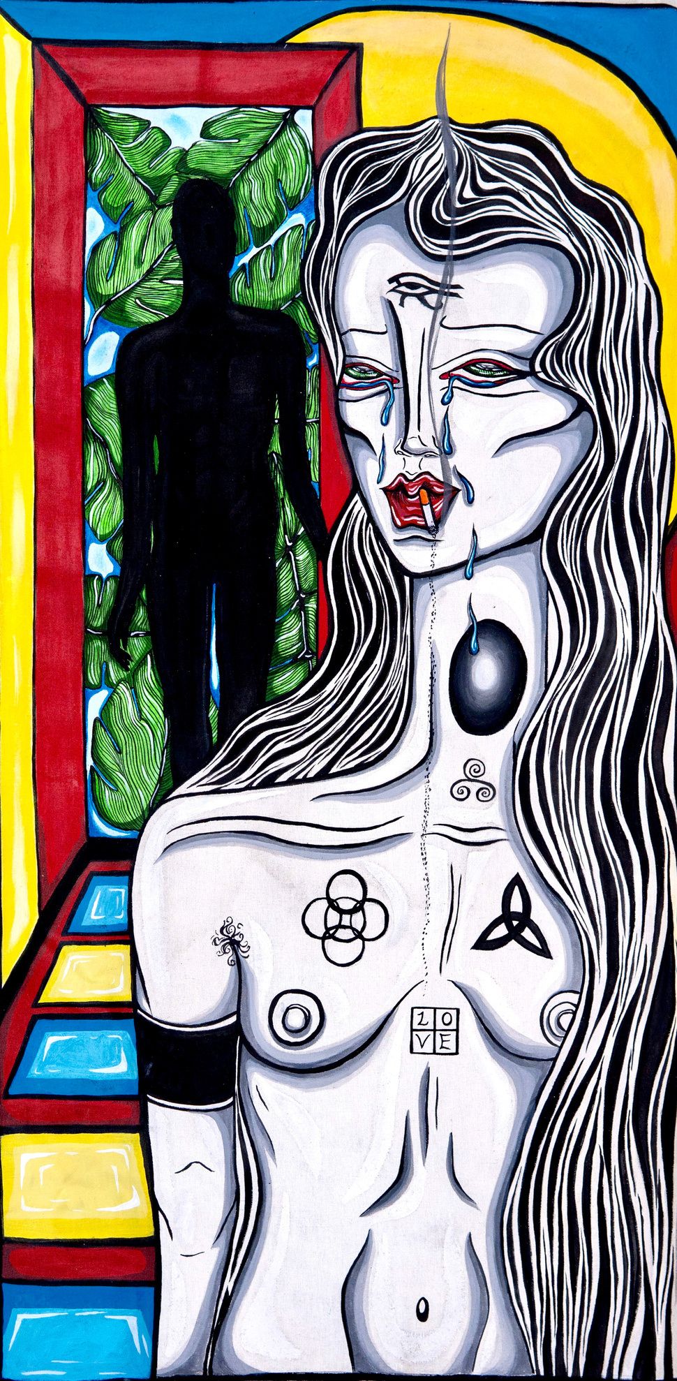 Painting of a pale, crying woman marked with symbols, a dark silhouette in a doorway behind her.