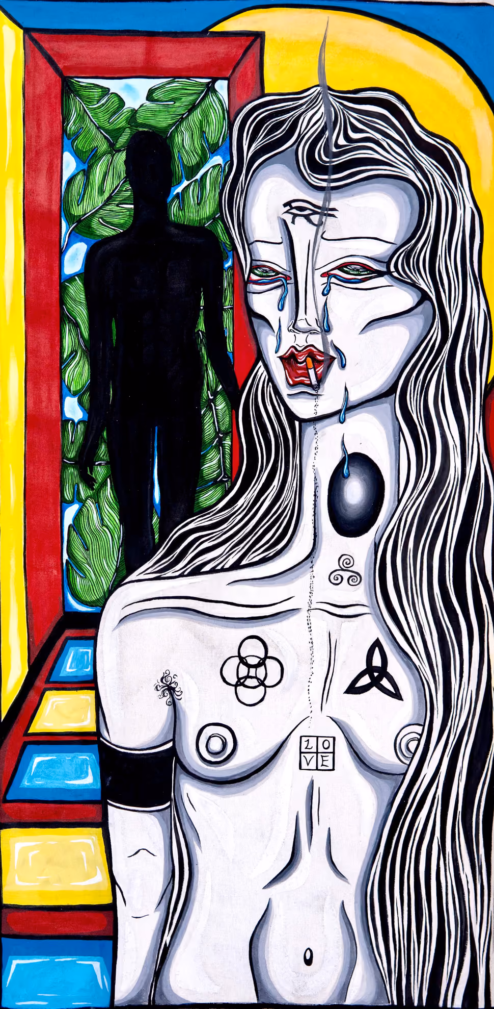 Painting of a pale, crying woman marked with symbols, a dark silhouette in a doorway behind her.