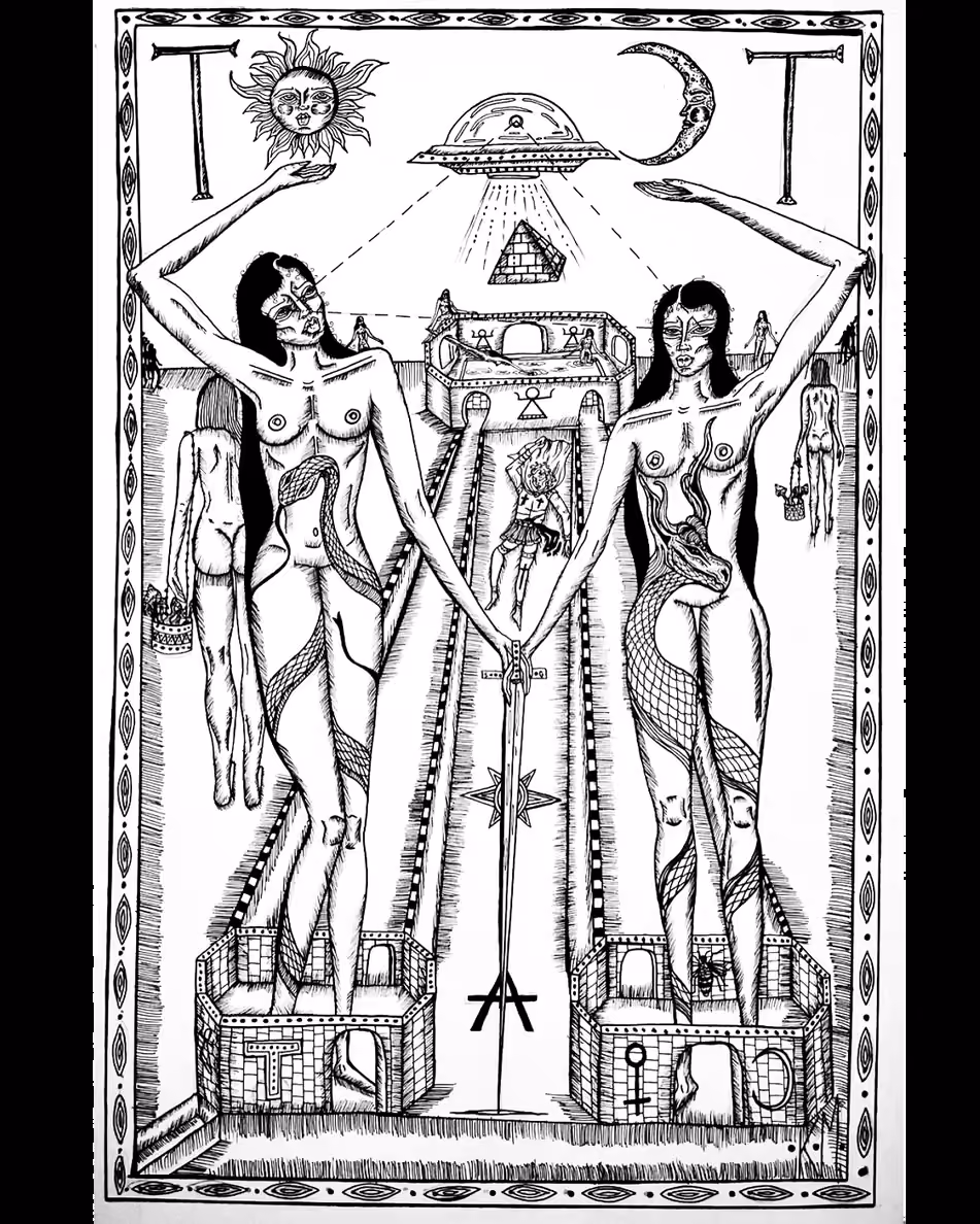 Ink drawing of two nude women on twin towers, arms raised to a sun, a moon and a flying saucer.