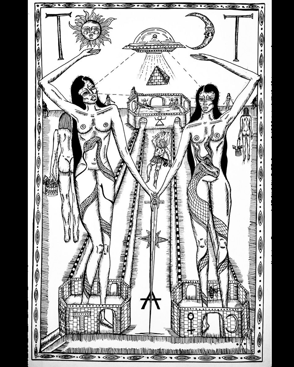 Ink drawing of two nude women on twin towers, arms raised to a sun, a moon and a flying saucer.
