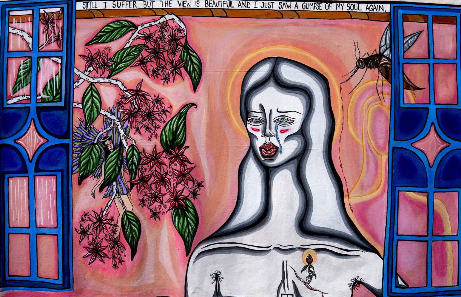 Painting of a pale, crying figure between two blue windows and flowering branches.