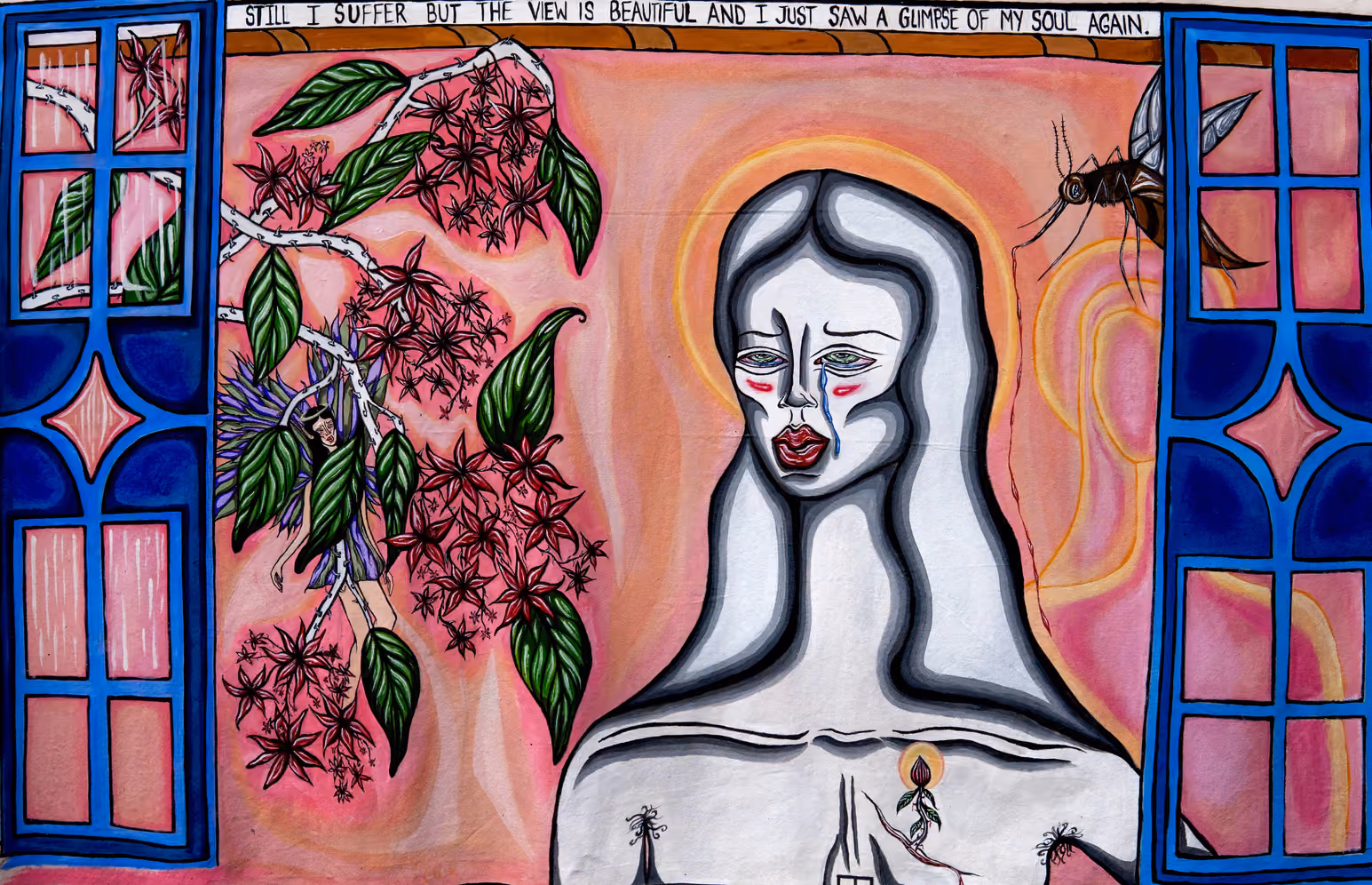 Painting of a pale, crying figure between two blue windows and flowering branches.