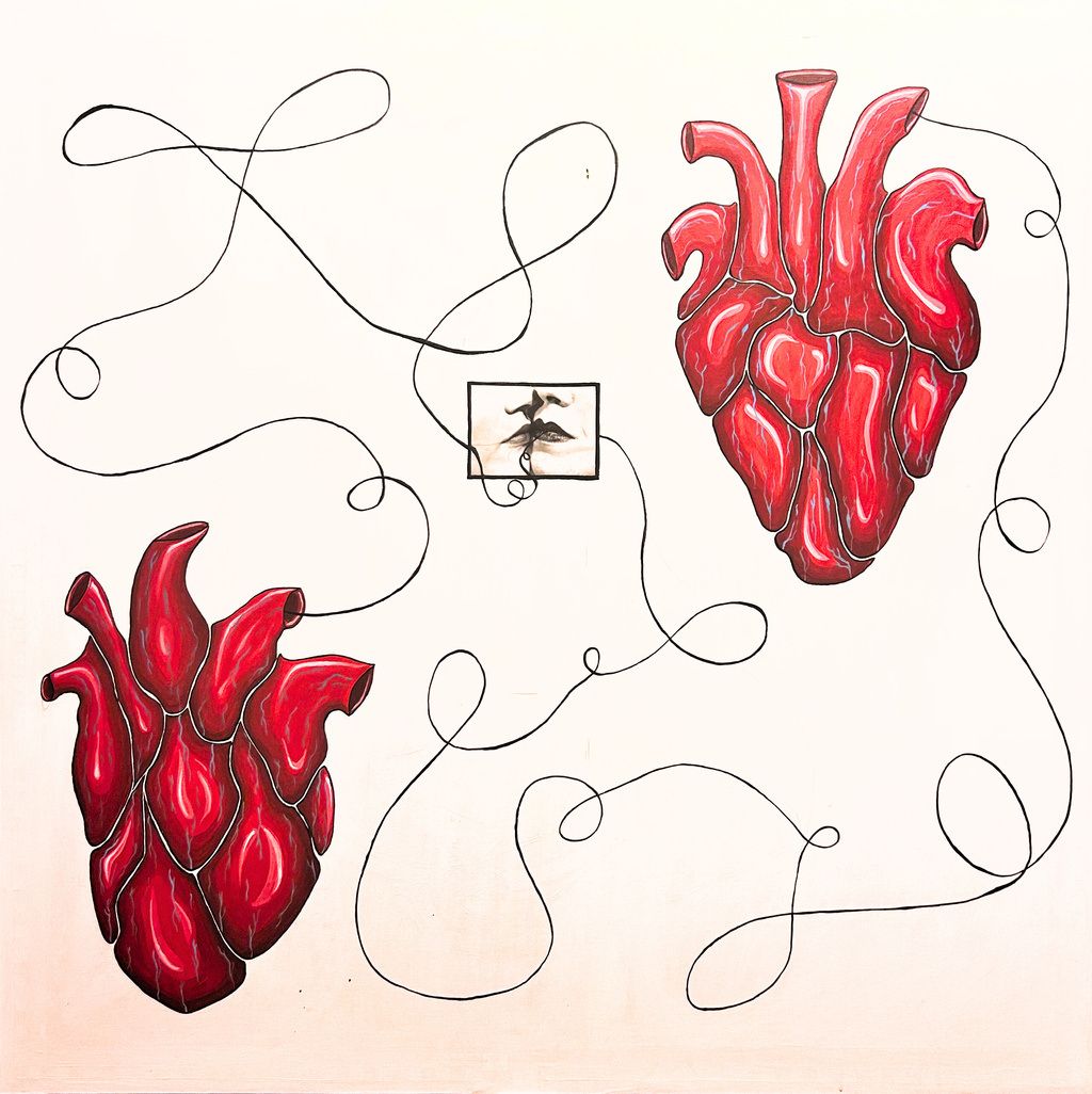 Painting of two red anatomical hearts on white, joined by a long looping line.