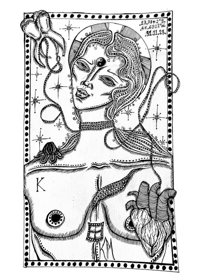 Ink drawing of a woman's head and torso in a dotted frame, an anatomical heart at her chest.