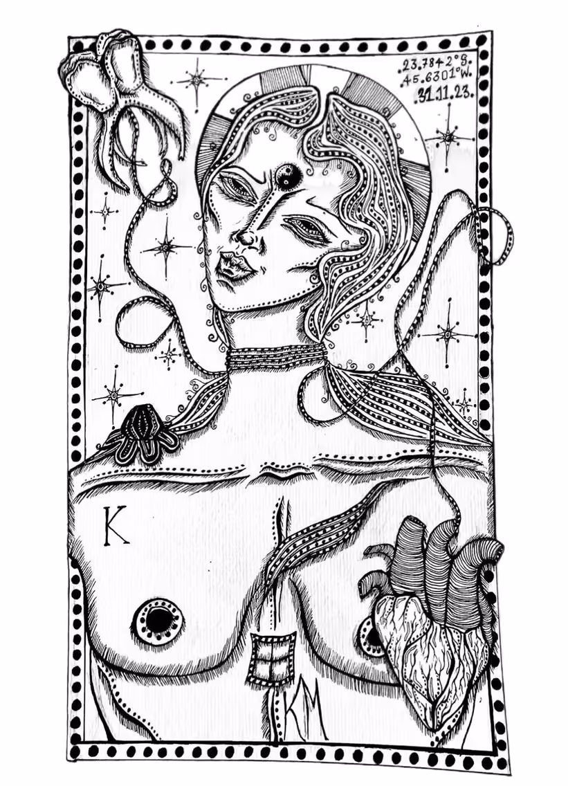 Ink drawing of a woman's head and torso in a dotted frame, an anatomical heart at her chest.